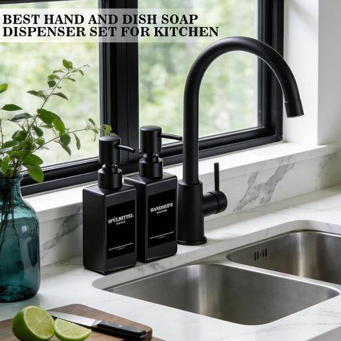 Set of 5 Reusable Shampoo Dispenser Bottles for Filling, 3 x 300 ml + 2 x 500 ml Black Refill Bottles with Pump Dispenser