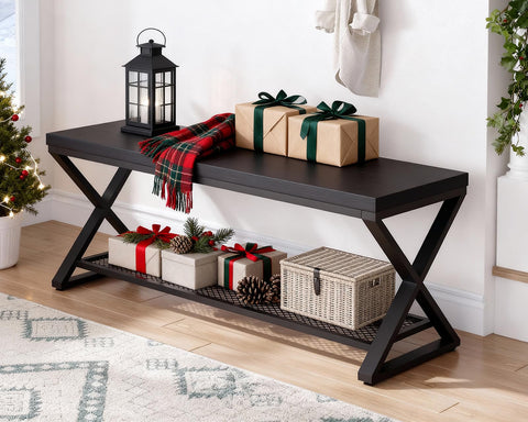 LVB Black Entryway Bench with Storage, Indoor Shoe Bench with Seating for Hallway, Accent Storage Bench for Living Room Bedroom