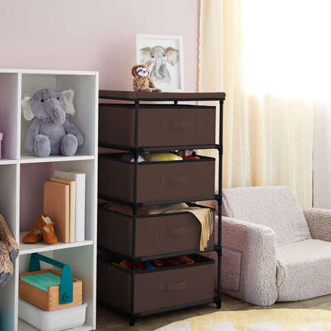 Juvale 4 Drawer Dresser for Bedroom, Clothes Organizer Fabric Storage Tower for Clothing, Linens, Closet (Dark Brown, 16.5 x 33 in)