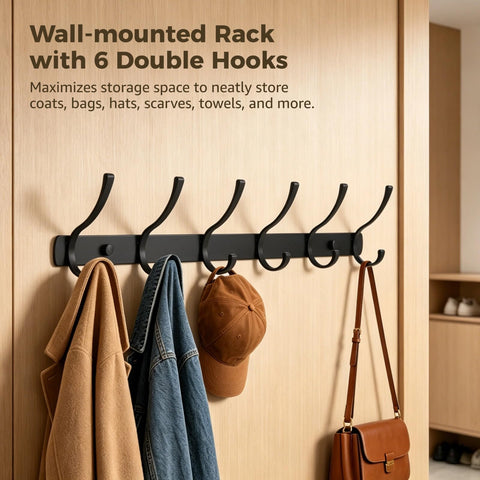 YAGOKKI Wall Mounted Coat Rack, 17.3 in Heavy Duty Coat Rack with 6 Double Hooks, Space Aluminum Rail for Hanging Coats, Hats, Bags
