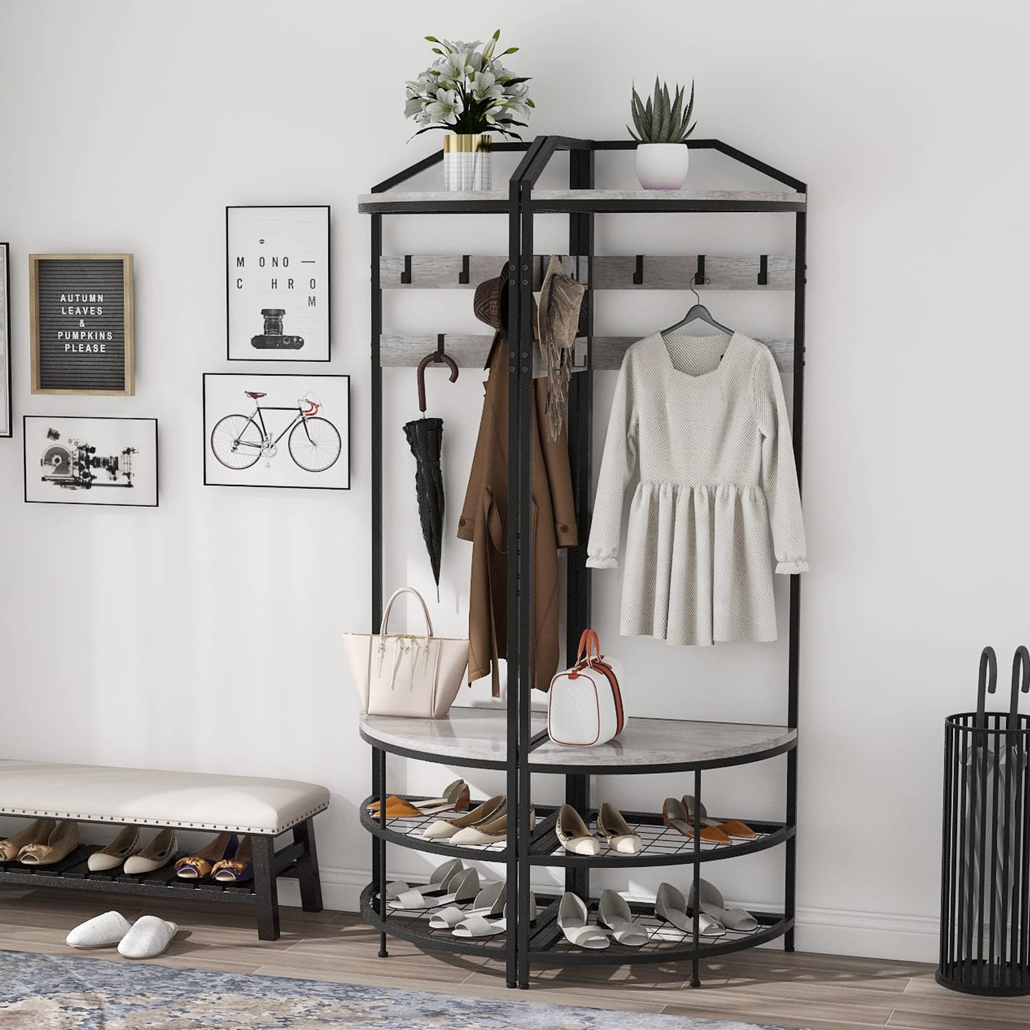 VEDECASA Corner Hall Tree Coat Rack with Shoe Bench and Storage Shelf 4-Tier Freestanding Entryway Corner Organizer with 10 Metal Movable Hooks and