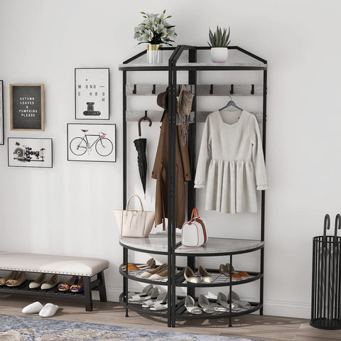 VEDECASA Corner Hall Tree Coat Rack with Shoe Bench and Storage Shelf 4-Tier Freestanding Entryway Corner Organizer with 10 Metal Movable Hooks and