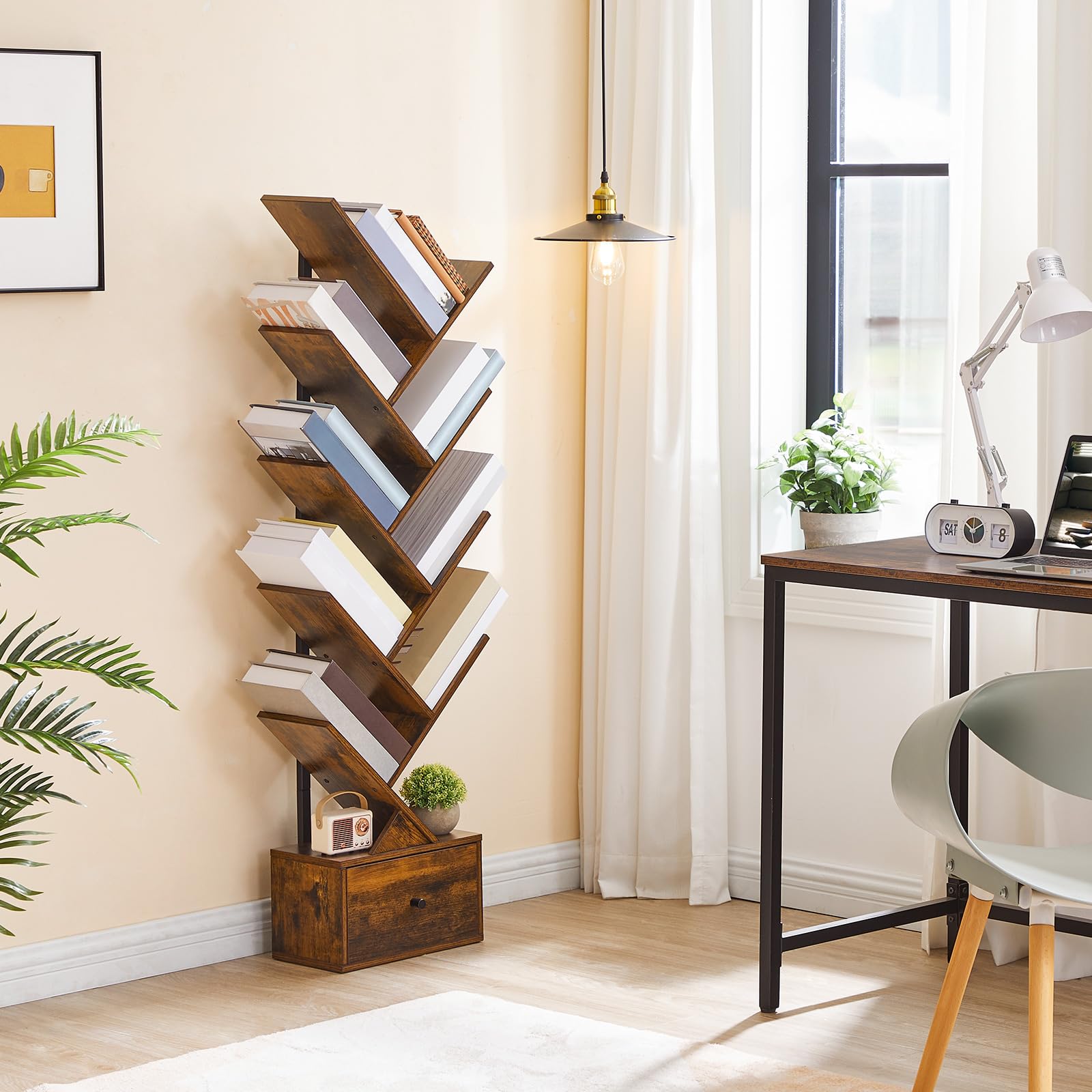 HOOBRO Tree Bookshelf with Drawer, 8-Tier Floor Standing Bookcase, Vertical Book Shelf, Book Storage Rack, for Living Room, Bedroom, Home Office