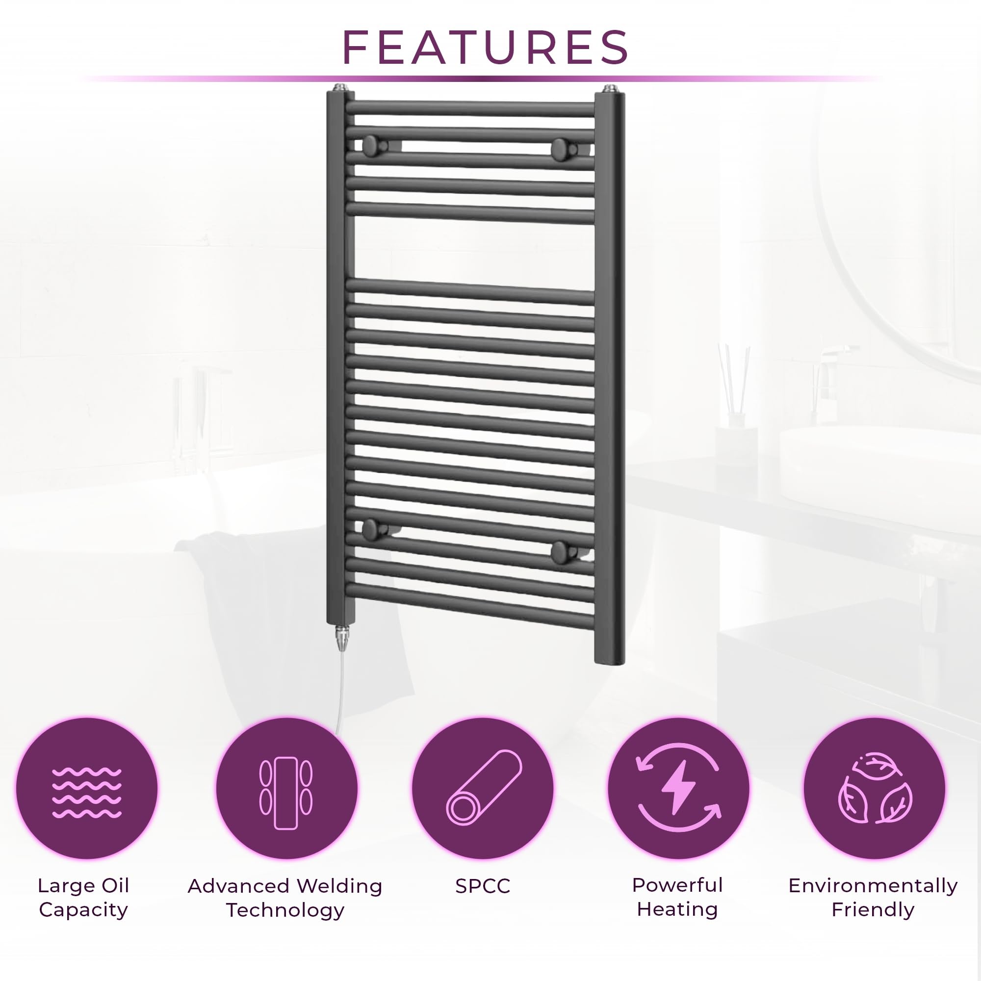 Newark Anthracite Electric Heated Towel Rail Wall Mounted Slim Ladder Design Bathroom Radiator - 770mm x 500mm