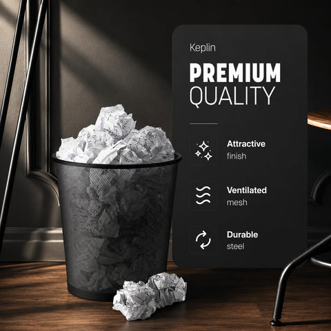 KEPLIN Round Trash Can Bin - 1 Pack Charcoal Black Non-slip Mesh Bins | Waste Paper Bin | Sturdy Metal Bin Indoor Waste Bin for Home, Bedroom, Office