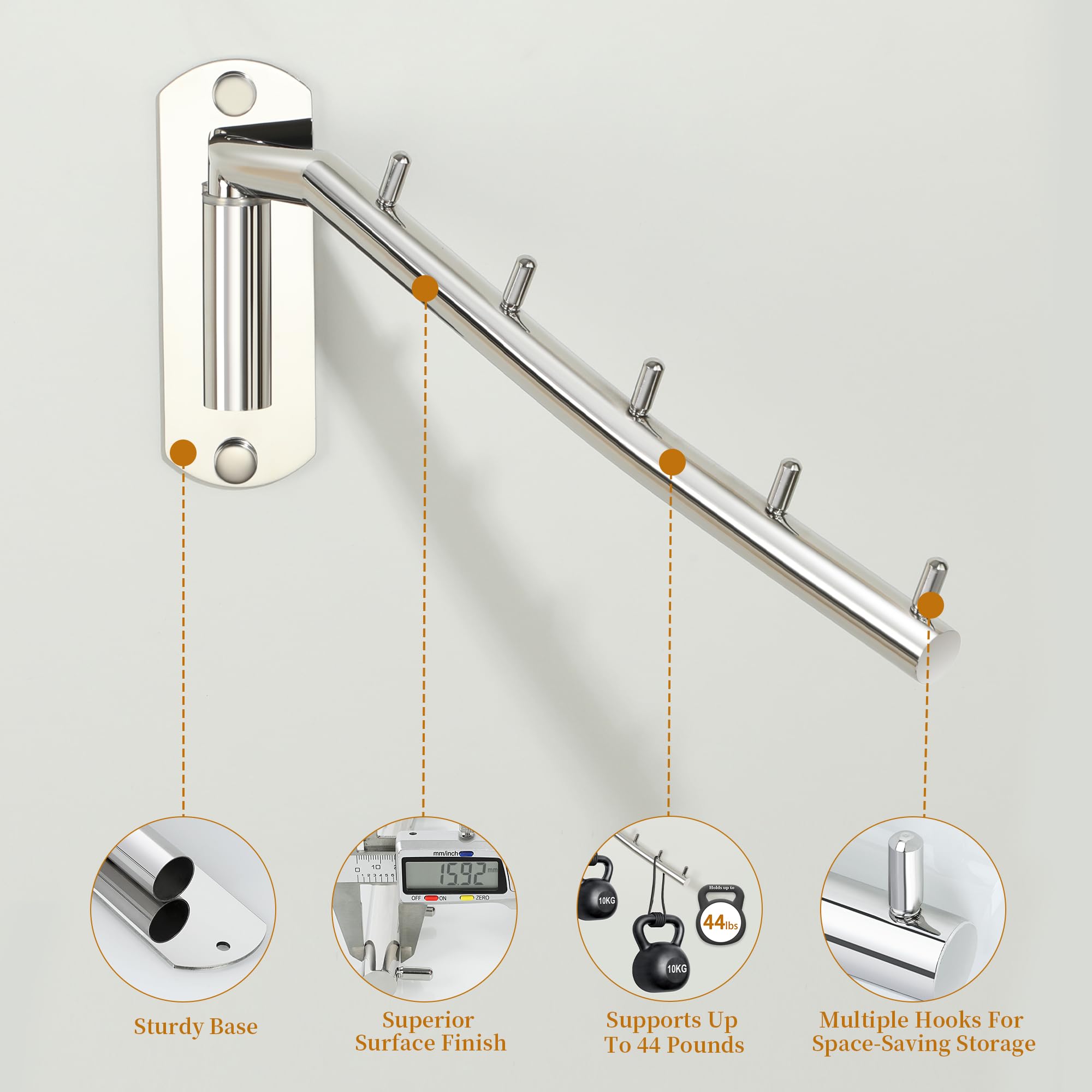 Mooche 2Pcs Wall Mounted Coat Rack Chrome, Swivel Clothes Rail, 27CM