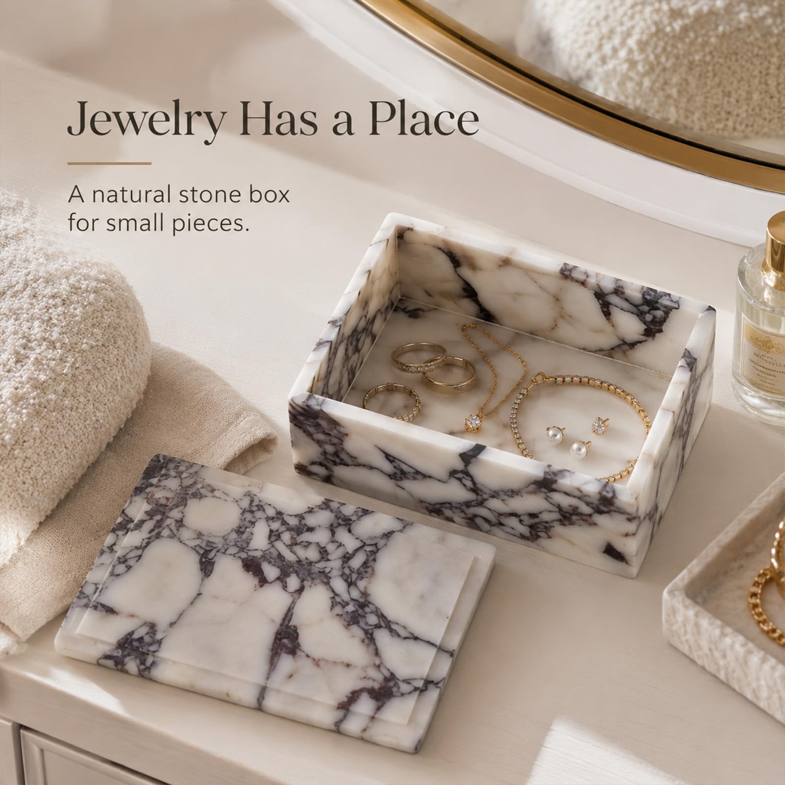 Artisanal Abode Luxury Marble Storage Box with Lid, White and Purple Veined Pattern, Decorative Organizer for Makeup Brushes, Jewelry