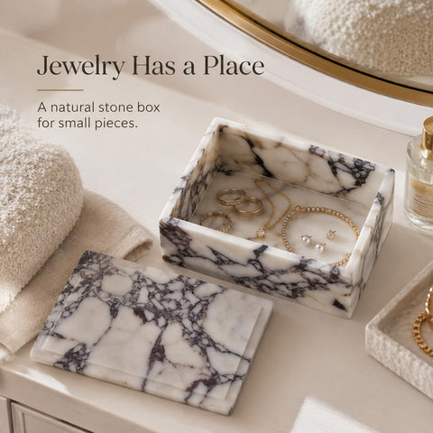Artisanal Abode Luxury Marble Storage Box with Lid, White and Purple Veined Pattern, Decorative Organizer for Makeup Brushes, Jewelry