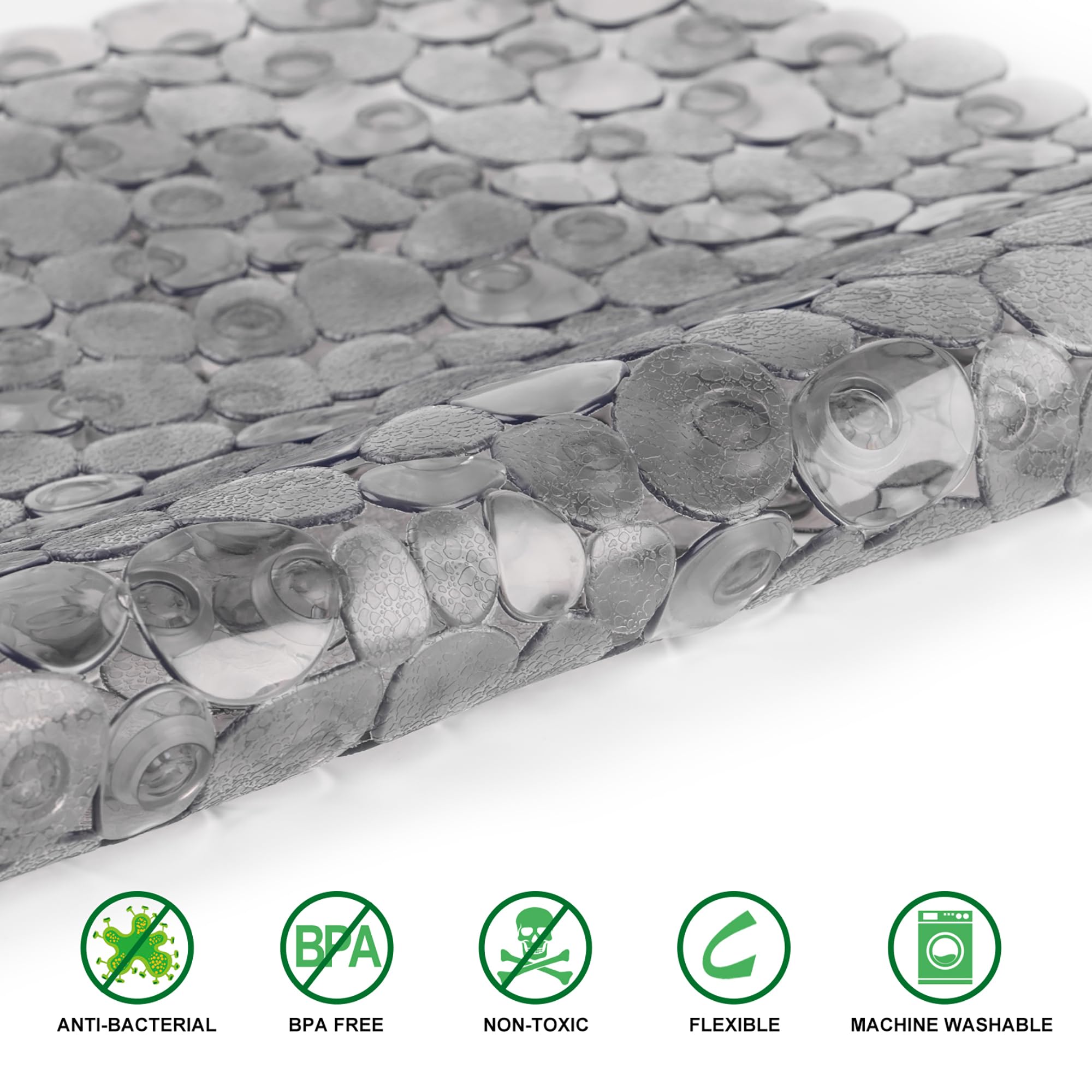 WELTRXE Bathtub Mat, Non-slip Shower Mat, PVC Bath Mat with Suction Cups and Drain Holes, Anti-Mould, Safe Oval Pebble Bathroom Tub Mat