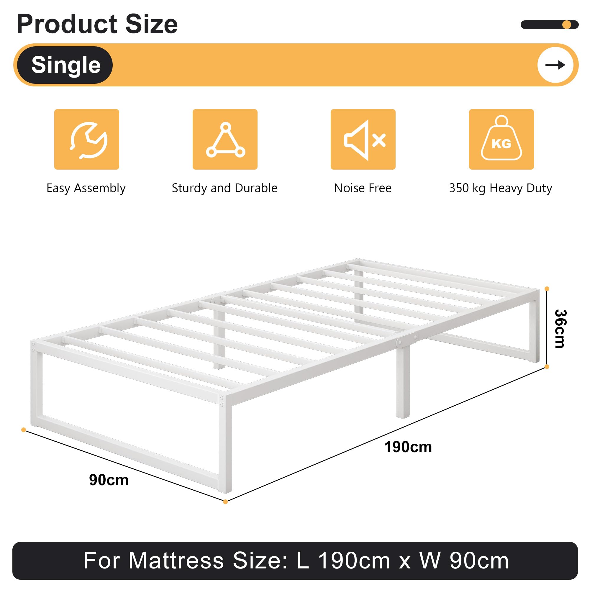 Yicensen Single Bed Frame 90x190 cm Metal Platform Bed Single, Noise Free