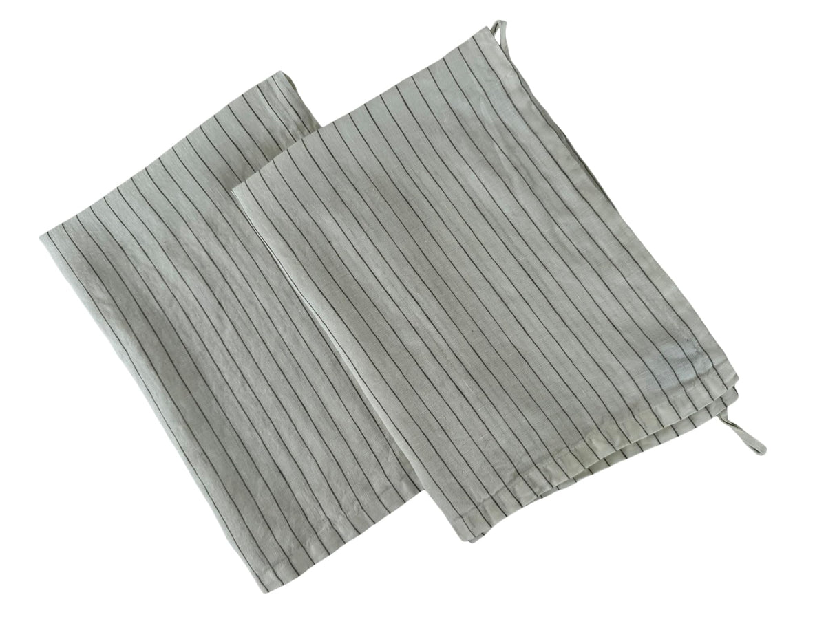 Eight Owls Stonewashed Linen Kitchen Dish Towels – 50 x 68 cm – 100% Pure Linen Tea Towel/Hand Towel - set of 2 (Olive Pinstripe)