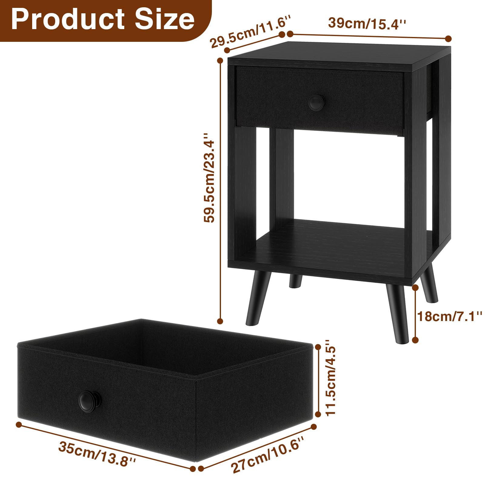 YMYNY Set of 2 Side Tables, Bedside Table, Sofa End Table, with Fabric Drawers and Open Shelf Unit, Solid Wood Legs, Nightstand, for Bedroom