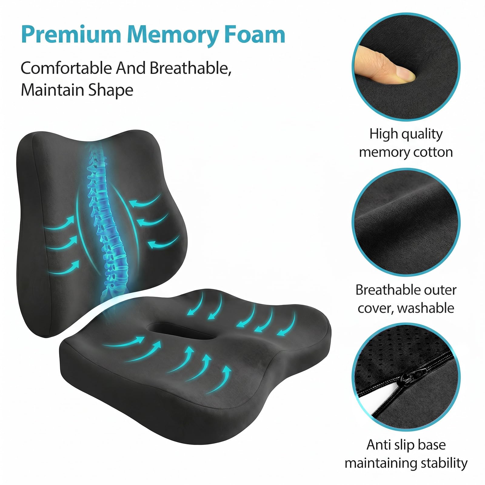 Seat Cushion and Lumbar Support - Memory Foam Chair Cushion & Back Support for Tailbone & Back Pain Relief Ergonomic Coccyx Cushion for Home Office