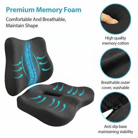 Seat Cushion and Lumbar Support - Memory Foam Chair Cushion & Back Support for Tailbone & Back Pain Relief Ergonomic Coccyx Cushion for Home Office