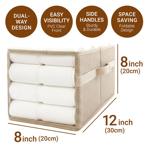 OK ZOO 3-Pack Clear Front Storage Bins – Foldable Cube Organisers with PVC Window & Polyester Linen, Handles for Closet Shelves Nursery Toy Storage