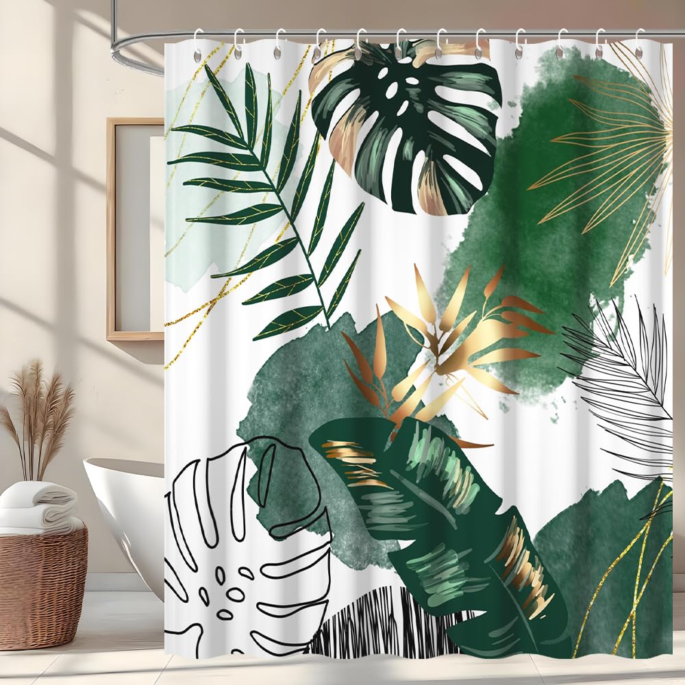 Uiiooazy Green Gold Shower Curtain, Abstract Palm Leaves Boho Monstera Tropical Plante Bath Curtain Anti Mildew Waterproof Polyester Fabric Opaque