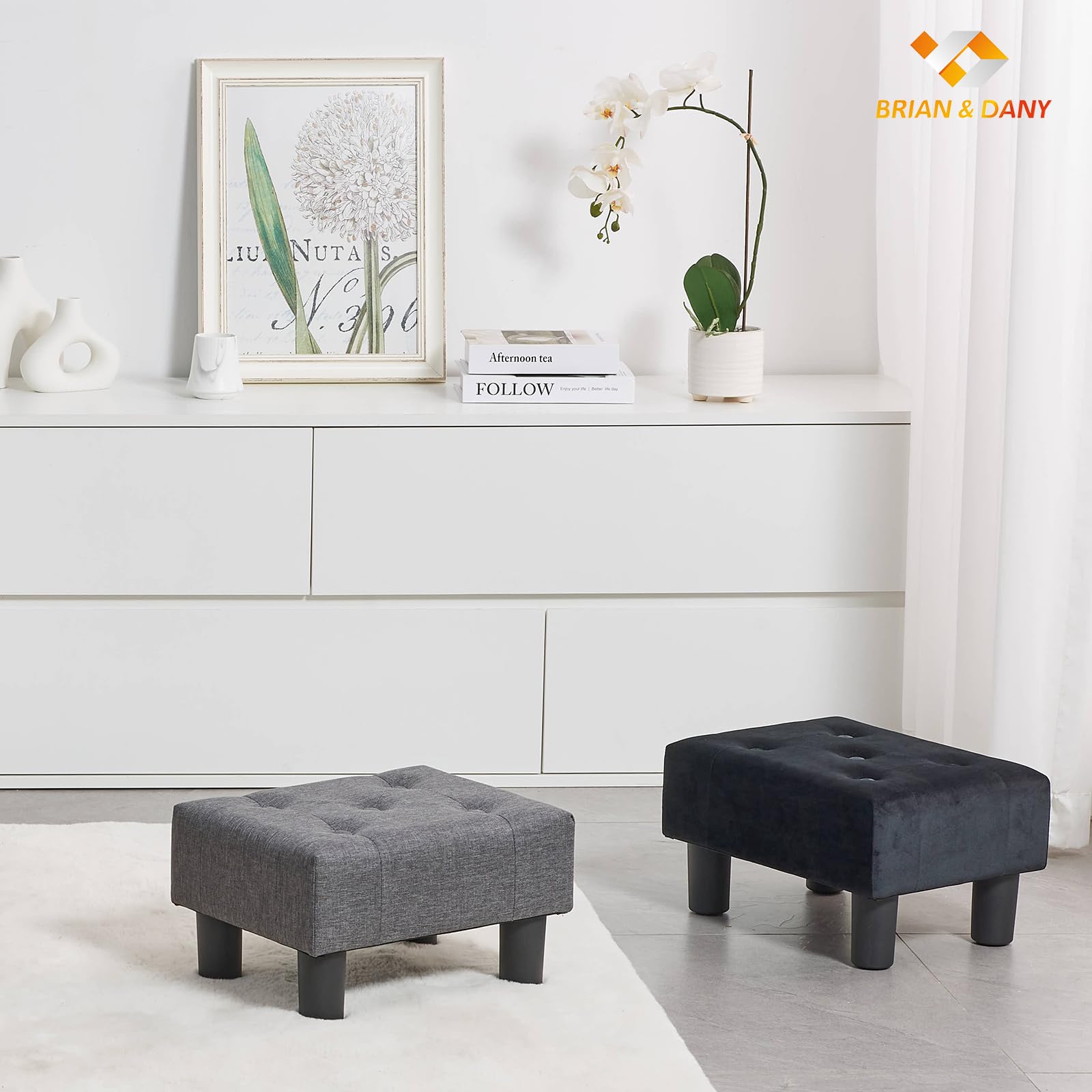 BRIAN & DANY Small Foot Stool, Velvet Footstool with Legs, Footstools for Living Room, Ottoman Footrest Extra Seating for Entryway, Black