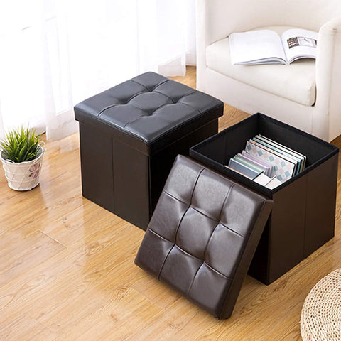 BRIAN & DANY Folding Ottoman Storage Box with Lid, Faux Leather Footstool Toy Storage Box Storage Seat 38 x 38 x 38 cm (Brown)