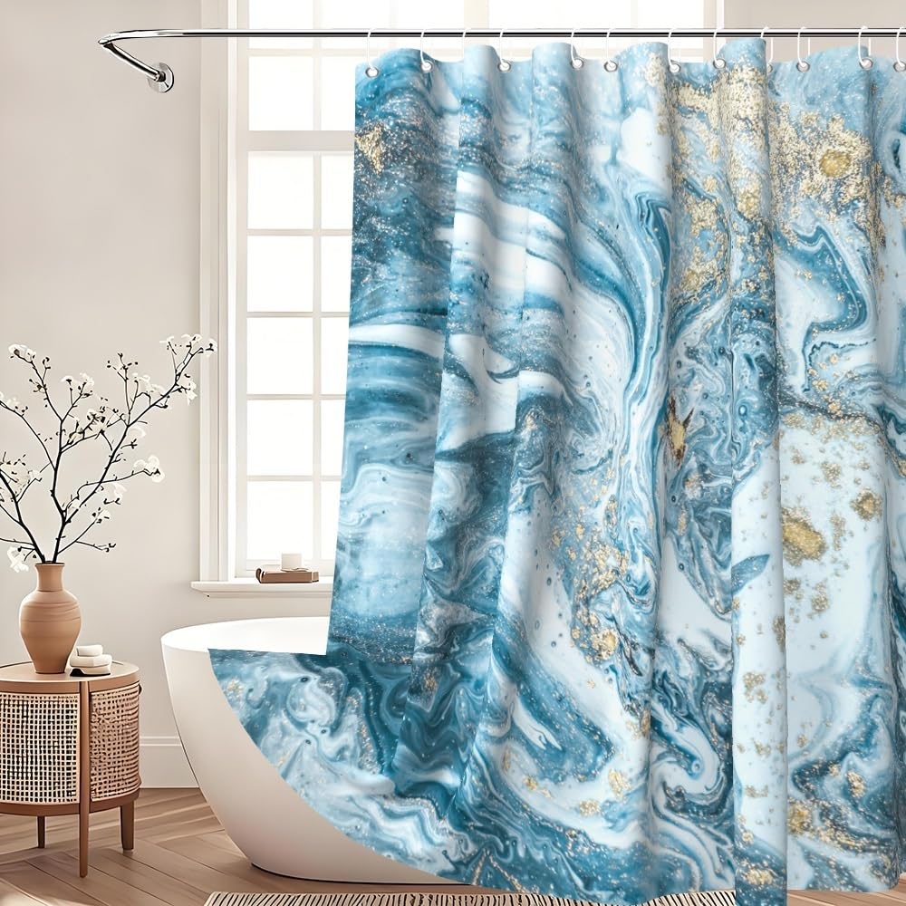 Xiaoterna Blue Marble Shower Curtain Modern Concise Design Waterproof Bathroom Curtain Abstract Contemporary Aesthetic Washable Mildew Resistant