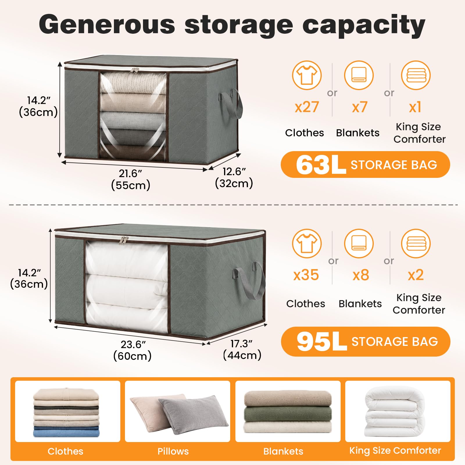 RICHER HOUSE 95L Clothes Storage Bags, Foldable Storage Box with Lid,3 Pack