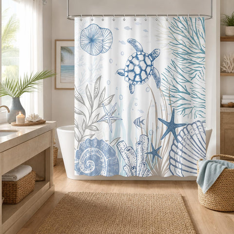 Hopomoon Sea Turtle Shower Curtain,Ocean Coastal Nautical Shells Starfish Coral Bath Curtain,Waterproof Polyester Fabric Summer Bathroom Decor with