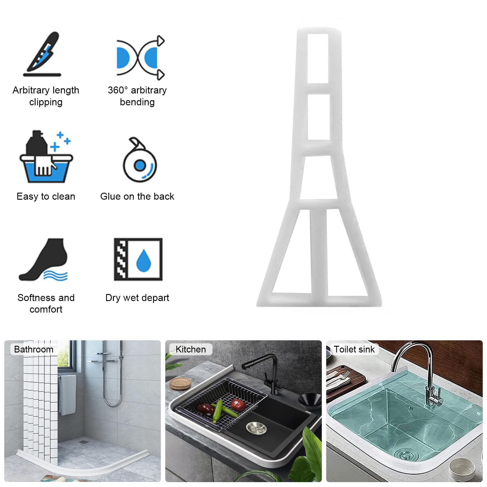 1.5M Wet Room Floor Barrier, 8.9cm Height TPE Curved Shower Threshold Water Barrier, Wet Room Shower Seal Strip
