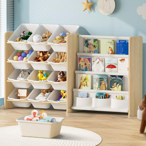 EXPERLAM Kids Toy Storage Organizer - Toy Organizer with Bookshelf, Toy Storage with 12 Toy White Bins and 4 Book Shelves