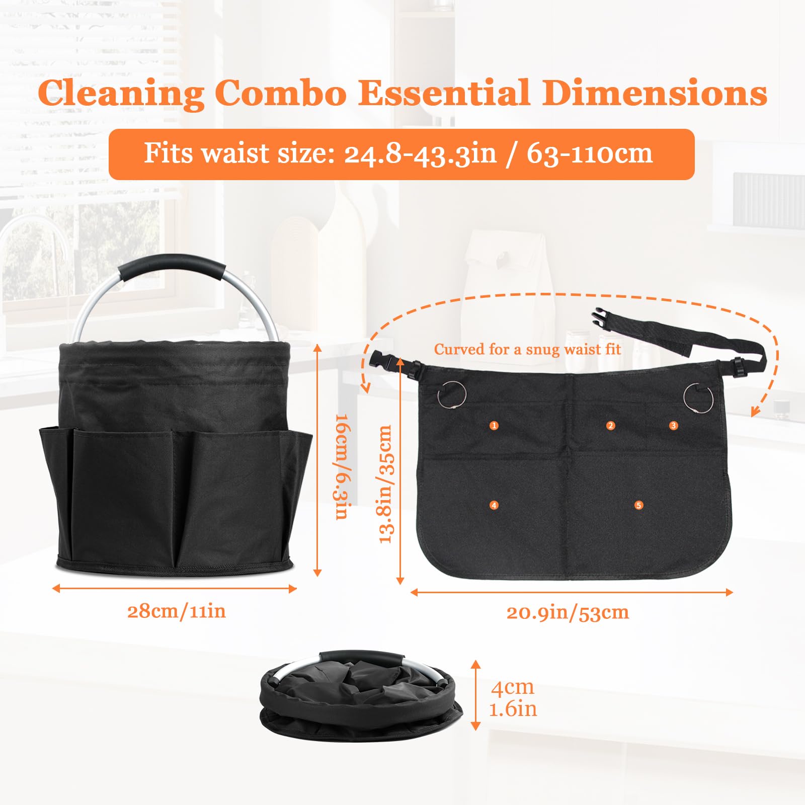 IHOMAGIC Professional Cleaning Supplies Organiser Set, 17L Collapsible Cleaning Caddy with 6 Pockets & Multi-Pocket Housekeeping Apron for Home