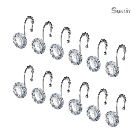 Sunlit Luxury Design Round Clear Diamond Crystal Gem Bling with Glide Balls Shower Curtain Hooks