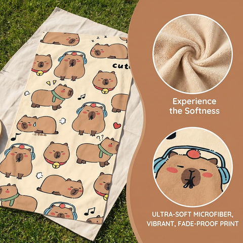 Capybara Microfiber Beach Towel Sand Free Absorbent Extra Large Travel Towels for Adults Kids Microfibre Towels for Adults with Drawstring Bag 2in1