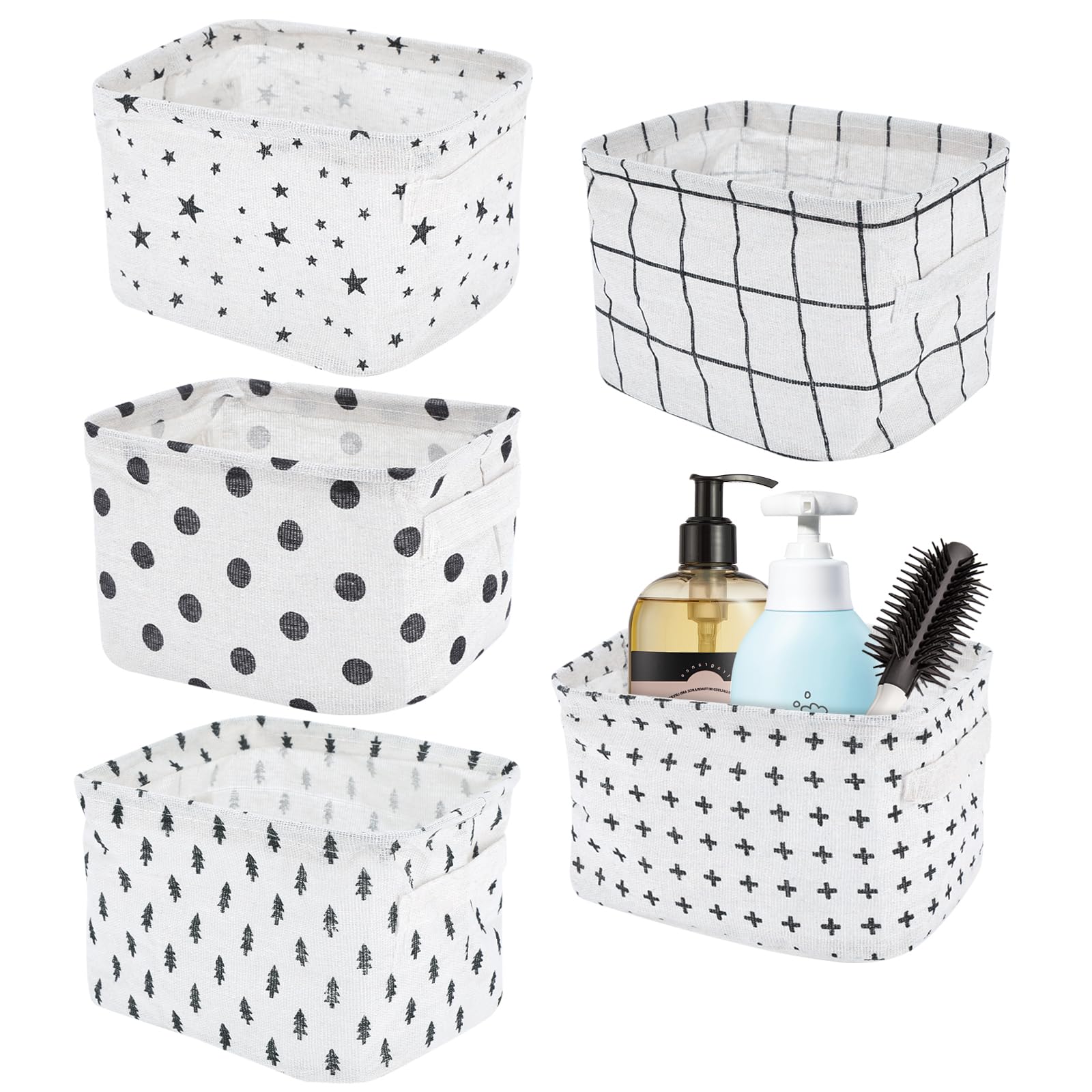 Haocjanc 5 Pack Small Fabric Storage Baskets, Collapsible Square Bathroom Storage Baskets, Waterproof Basket Organizer with Handles