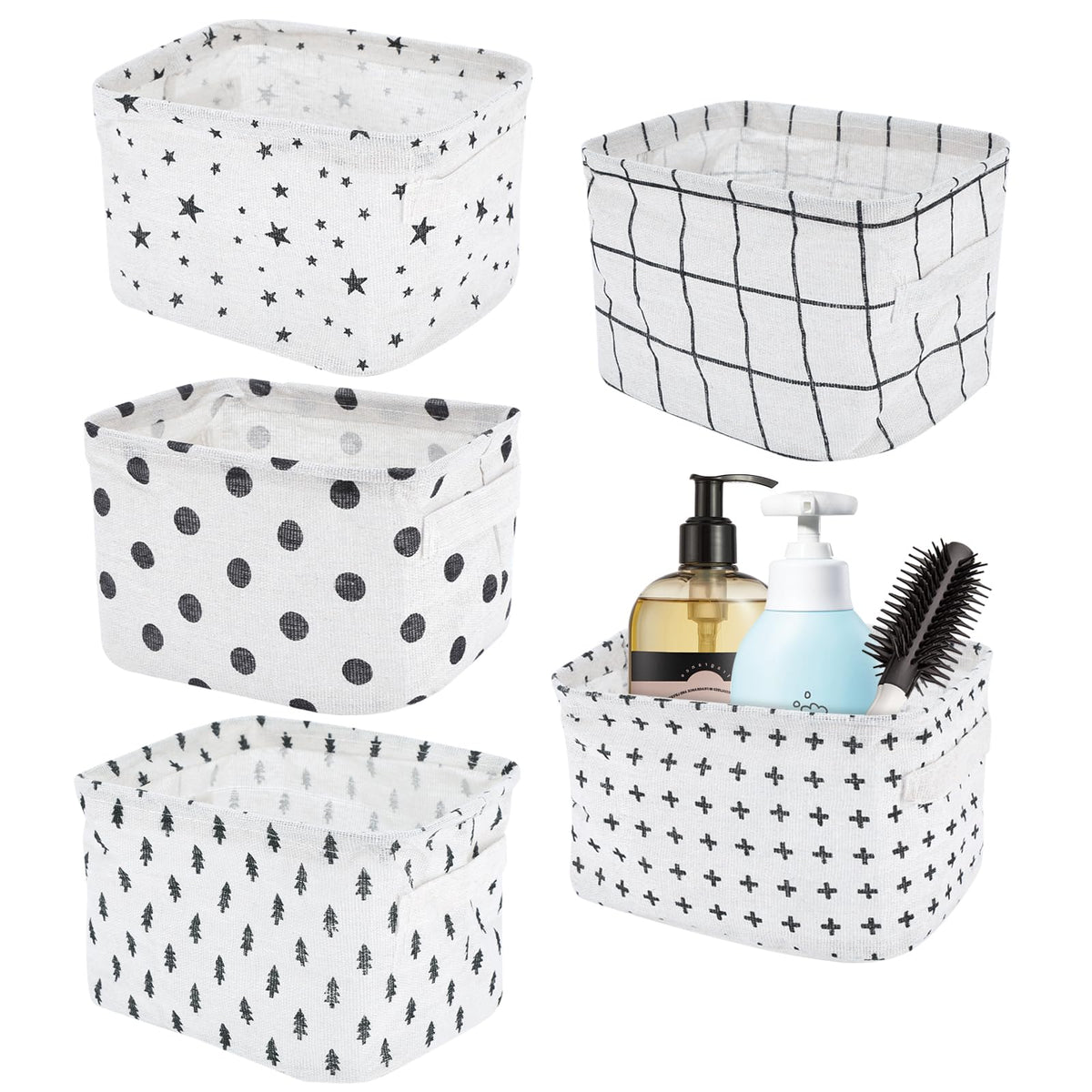 Haocjanc 5 Pack Small Fabric Storage Baskets, Collapsible Square Bathroom Storage Baskets, Waterproof Basket Organizer with Handles