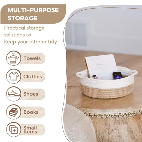 Set of 5 Storage Basket Woven Cotton Rope, Shelf Baskets with Handles for Toy Bathroom Storage