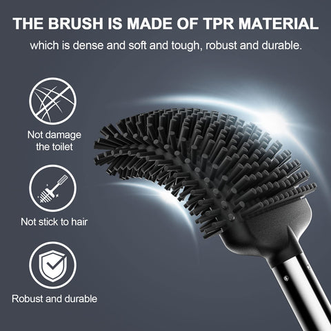 ASOBEAGE Silicone Toilet Brush: Flexible Head, Stainless Steel Handle, Wall-mounted, Quick-drying Holder for Bathroom Clean (Black)
