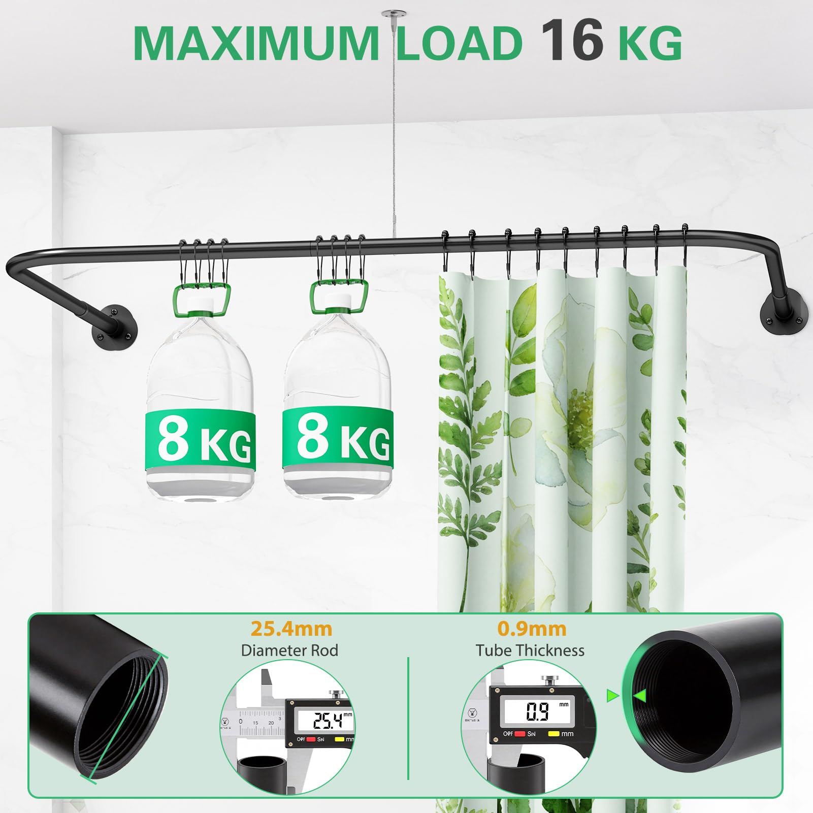 U Shaped/L Shaped Shower Curtain Rail, (60-91) X (78-196) X (60-91) cm Adjustable Curved Shower Curtain Pole With 12 Rings & Ceiling Support For