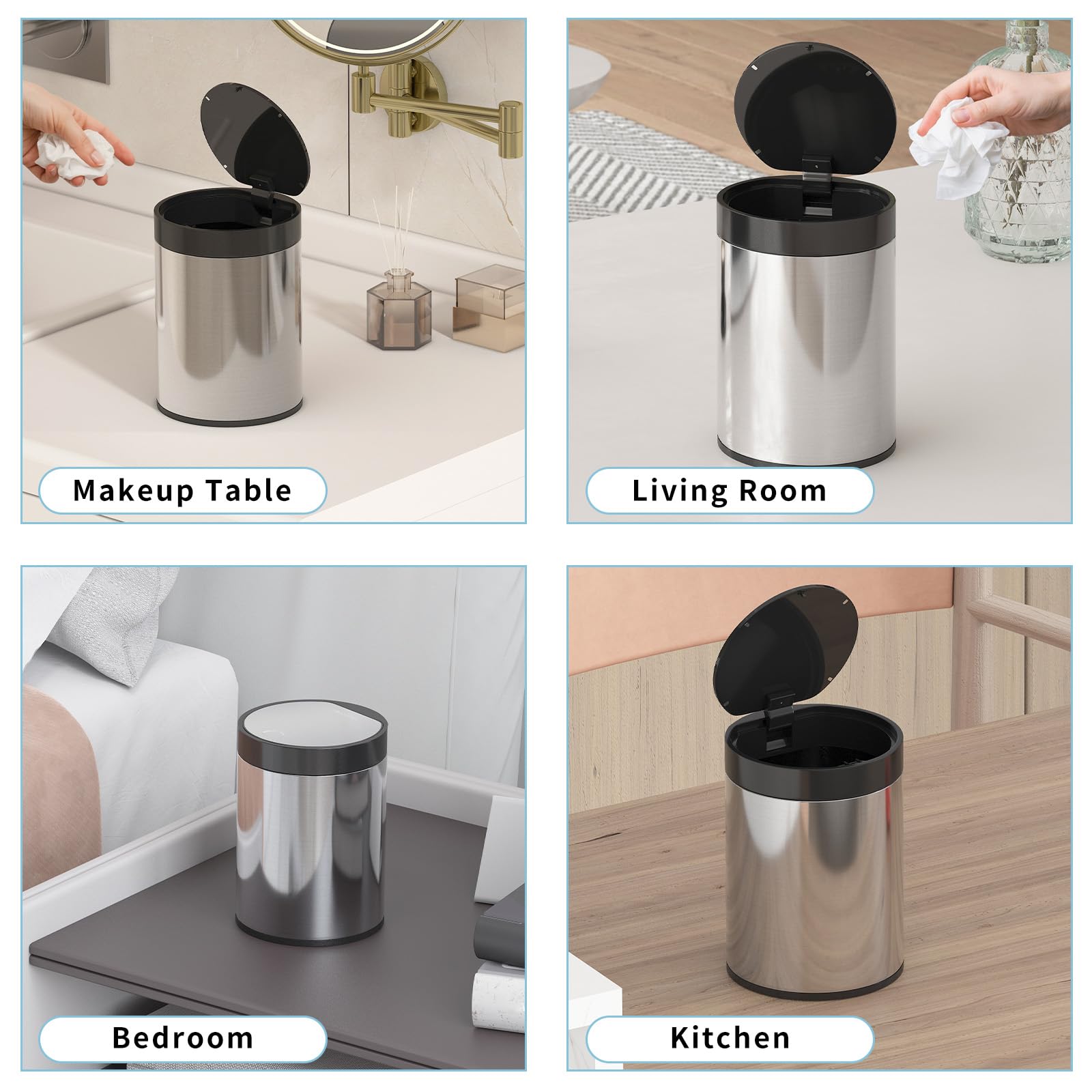 SolaceCove Mini Bin with Lid, Tea Bag Bin Stainless Steel Desktop Small Trash Can, 0.4Gal 1.5L Tabletop Trash Can