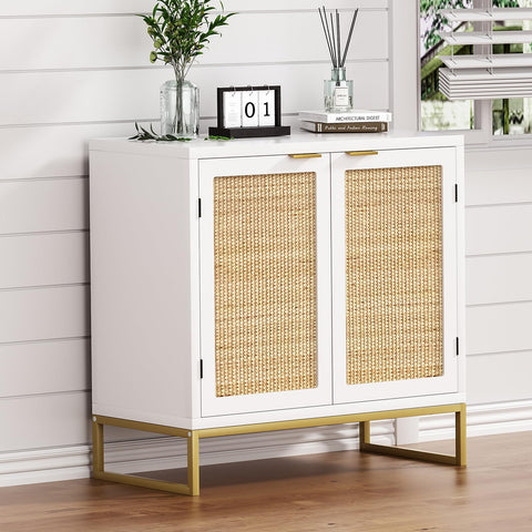 Skokliz Rattan Cabinet with Doors, White Sideboard Buffet Storage Cabinet with 2 Doors Kitchen Sideboard Furniture with Natural Rattan