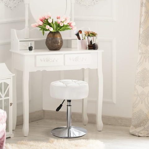 LUE BONA 360°Swivel Vanity Stool, Adjustable Dressing Table Stool, Tufted Design Faux Leather Chair for Dining Room, Living Room, White