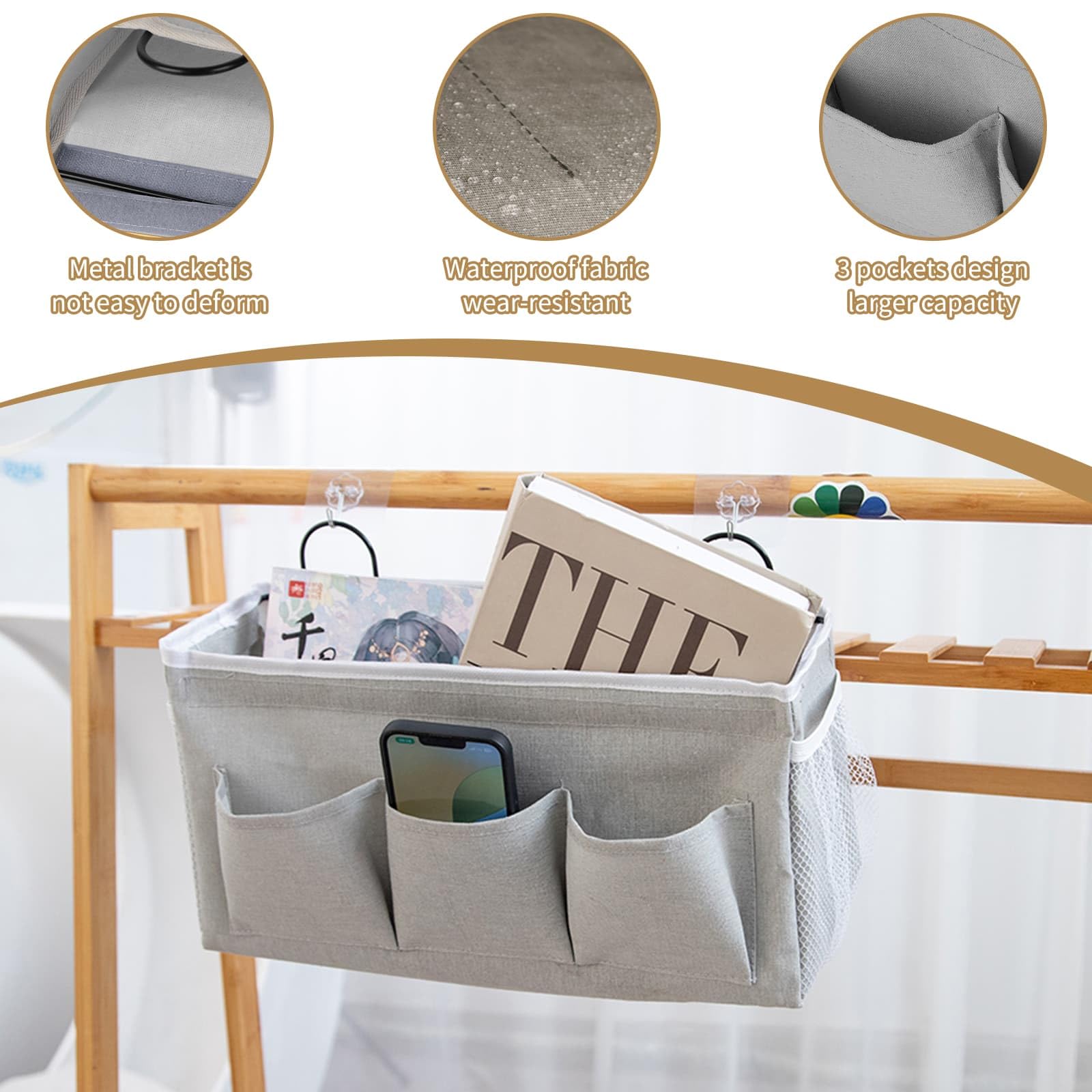 Eidoct Canvas Wall Hanging Organizer Bag with Hook, 3-pockets Storage Bag