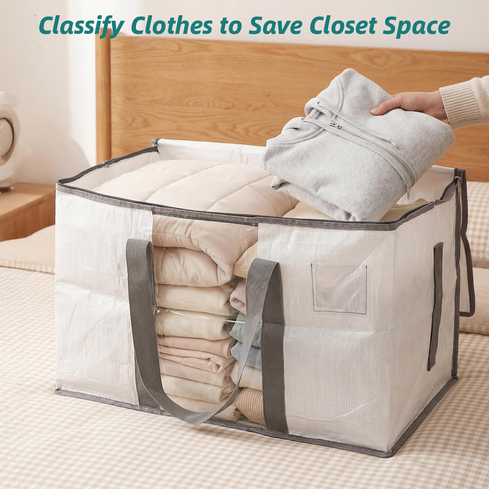 RLAVBL 90L Storage Bags with Zips 4 Pack, Heavy Duty Large Moving Bags with Handles and Label Pocket, Clear Window Packing Laundry Bags for Clothes