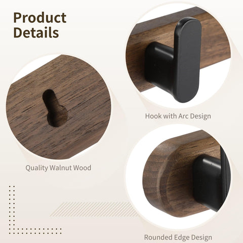 Varku Coat Hooks Wall Mounted, Walnut Wood Coat Hooks, Coat Rack Wall Mounted with 5 Hooks, No-Drill Installation