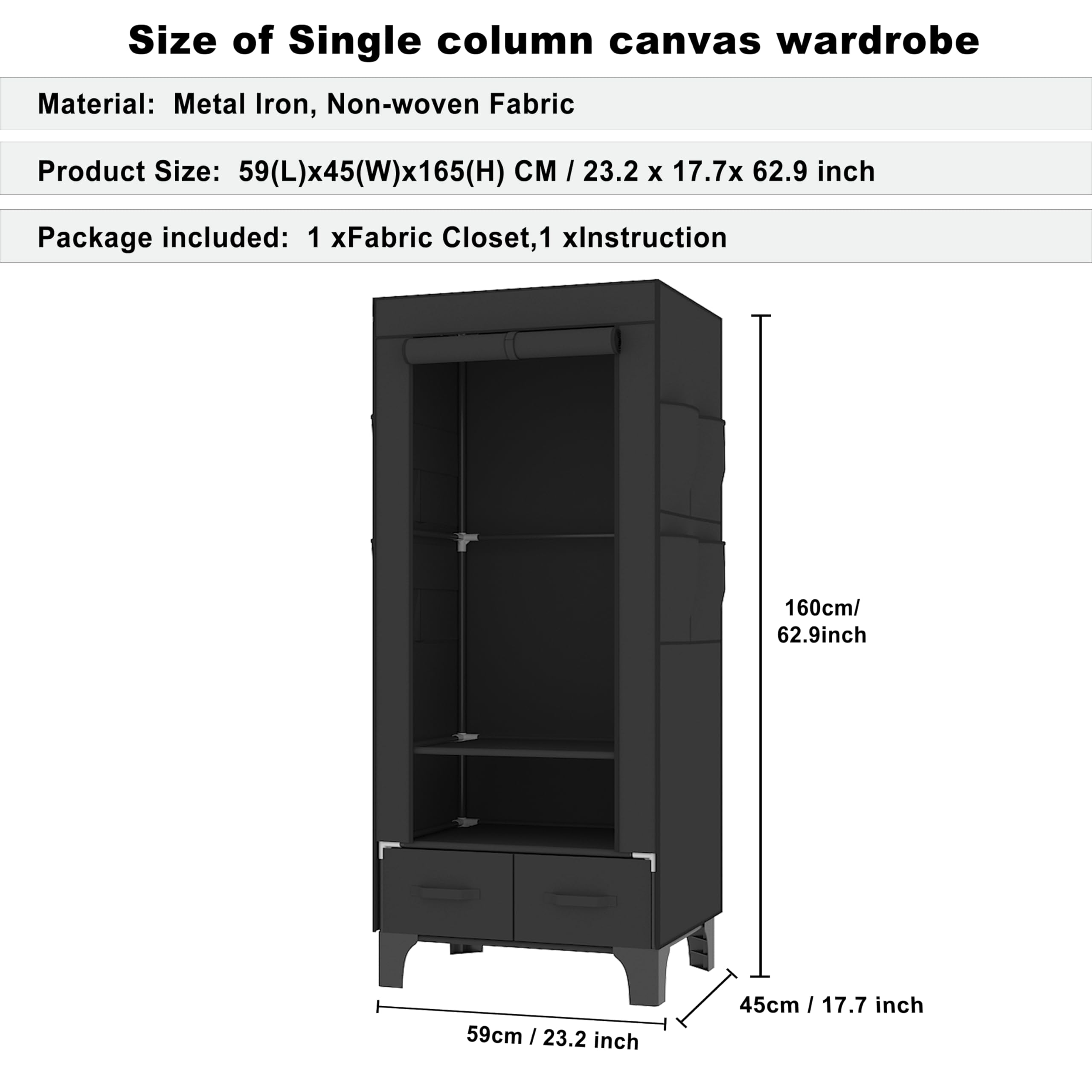 OPPAIYA Canvas Wardrobe, Temporary Wardrobe With Hanging Rails, 2 Shelves, 8 Side Bags & 2 drawer