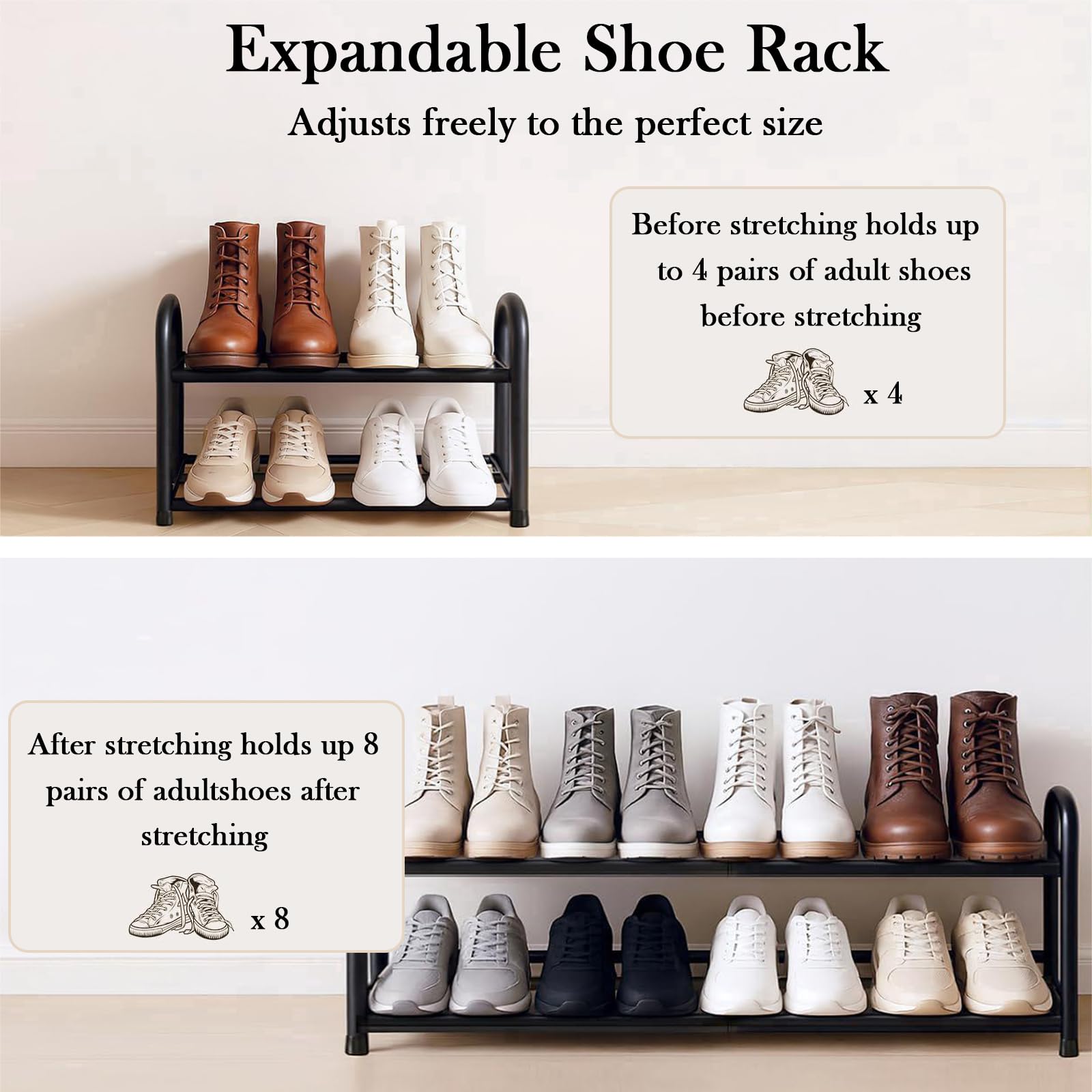 YiZhou Expandable Shoe Rack Metal 2 Tier, Adjustable Shoe Storage Organizer Shelf,Free Standing Narrow Shoe Rack for Small Narrow Space, Entryway