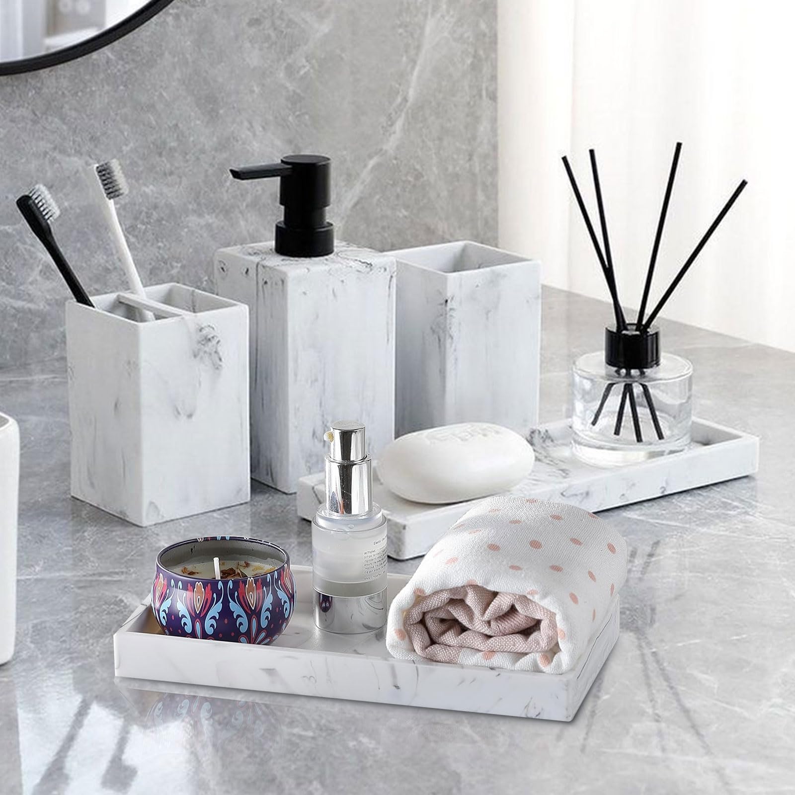 Bathroom Tray Rectangular Silicone Bowl Marble Pattern Storage Tray Jewellery Storage Box Cosmetic Tray Decorative Tray White for Kitchen Pack of 2