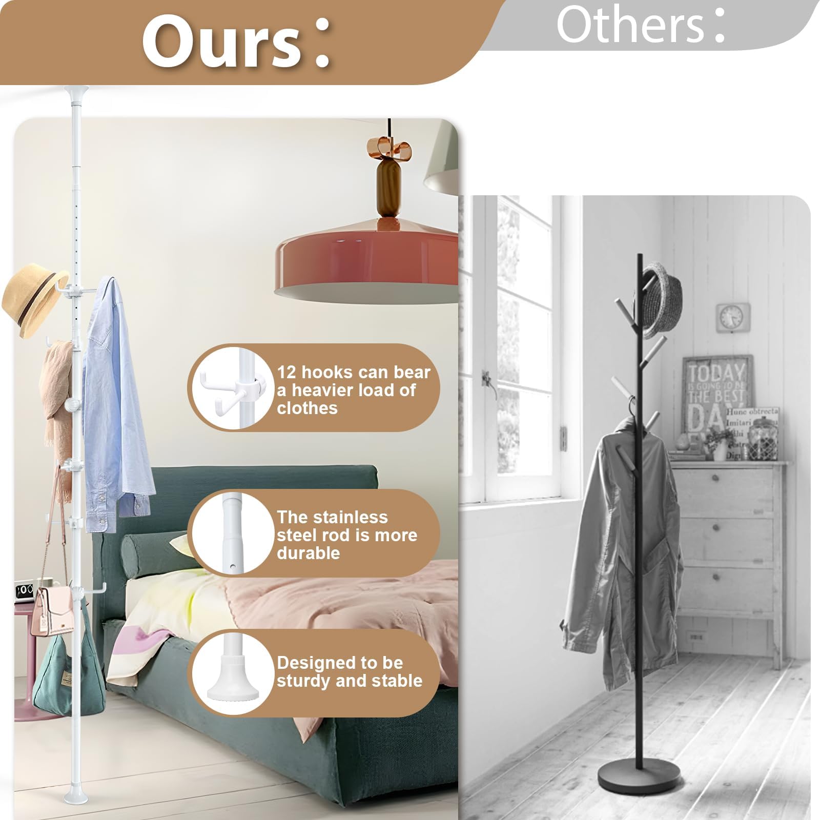 DAKEPOLE Freestanding Coat Rack, Adjustable Tension Pole 140-310cm with 12 Hooks for Coats, Jackets, Hats | No Drill Hanging Storage for Hallway