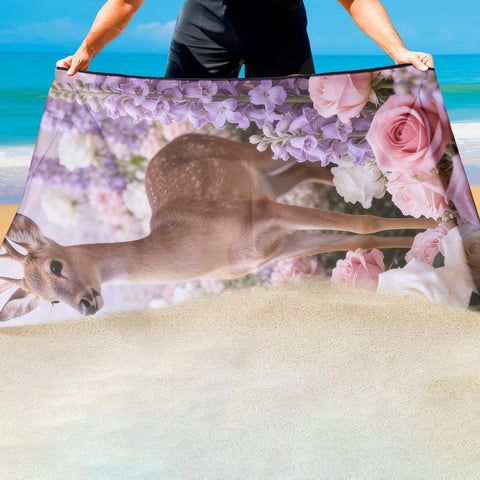 Violetpos Deer in Roses & Larkspur Beach Towel, Extra Large 180x90 cm 250GSM Microfibre, Sand Free Quick Dry