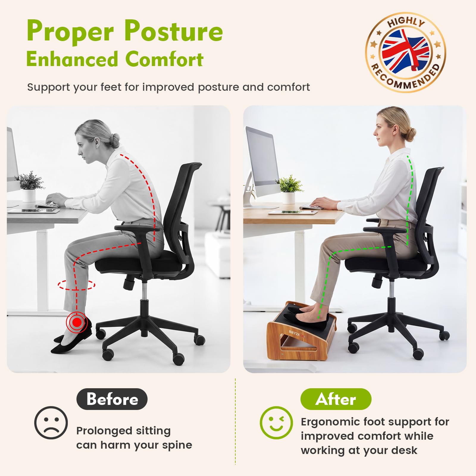 Ergonomic Under Desk Footrest, Adjustable Wooden Office Footrest with 3 Heights, Large Anti-Slip Surface, Supports Posture & Blood Circulation