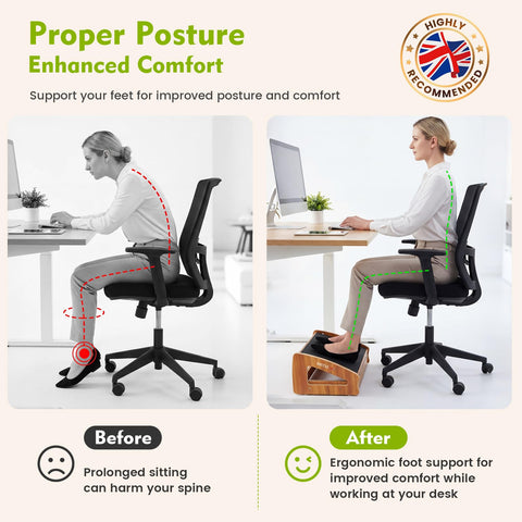 Ergonomic Under Desk Footrest, Adjustable Wooden Office Footrest with 3 Heights, Large Anti-Slip Surface, Supports Posture & Blood Circulation