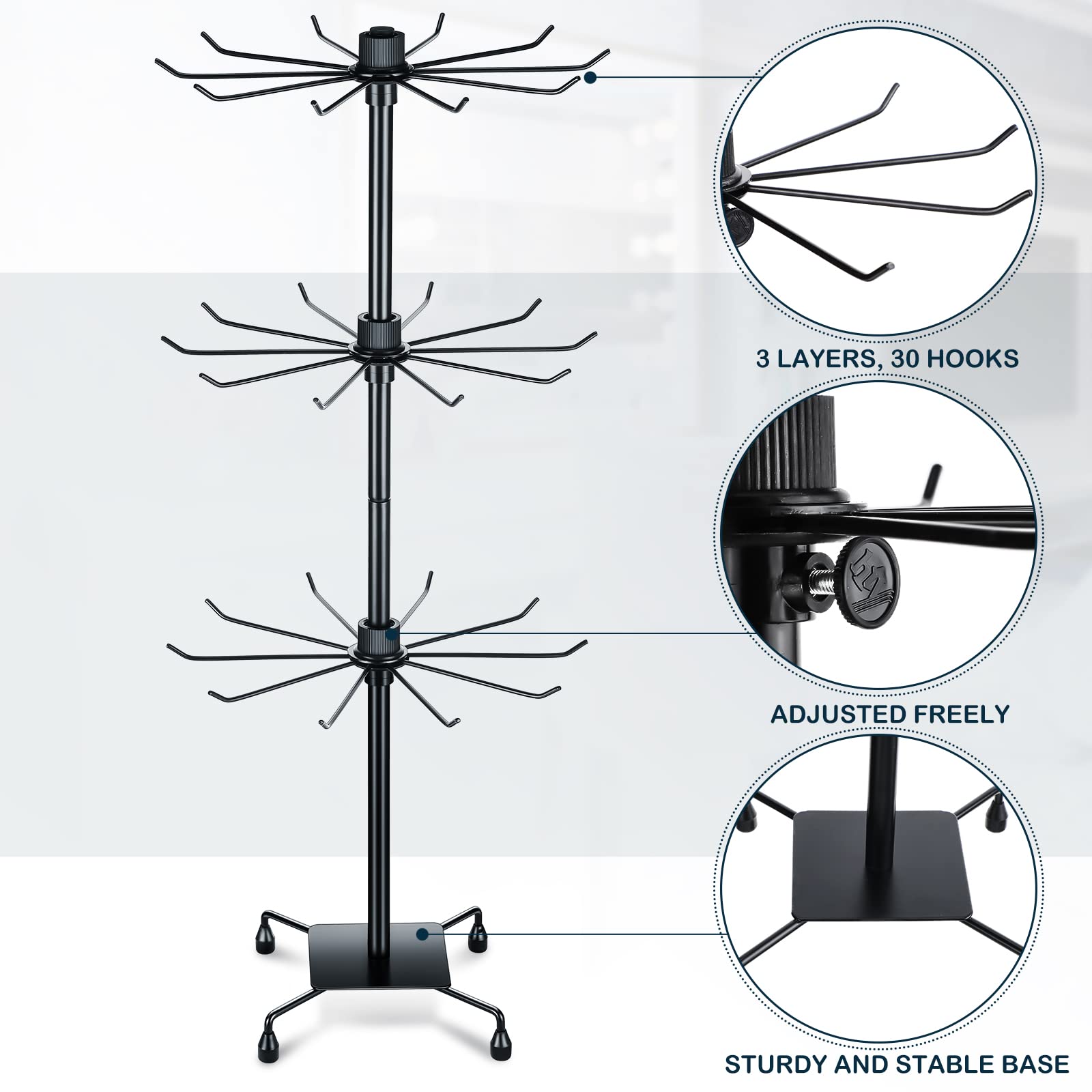 BBTO 2 Pcs Rotating Jewelry Display Rack 3 Tier Metal Display Hanging Jewelry Tower with Hooks for Earring Necklace (Black,28.35 x 11.8 Inch)
