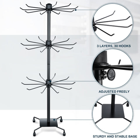BBTO 2 Pcs Rotating Jewelry Display Rack 3 Tier Metal Display Hanging Jewelry Tower with Hooks for Earring Necklace (Black,28.35 x 11.8 Inch)
